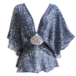 Sapa Blouse Blue Animal Butterfly Sleeves Silver Brooch Smock Waistband